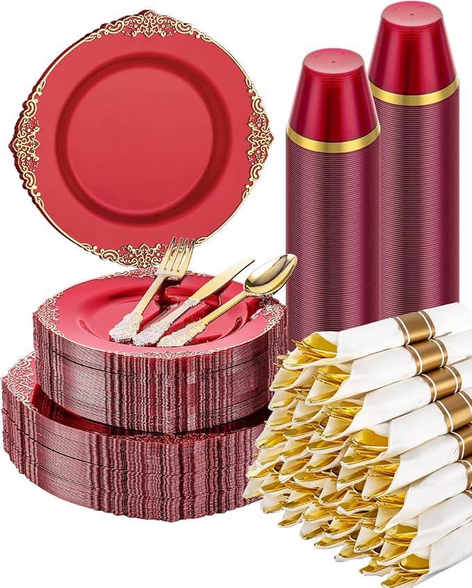 350-Pc Red Disposable Dinnerware Set: Plates, Silverware, Napkins & Cups - Serves 50