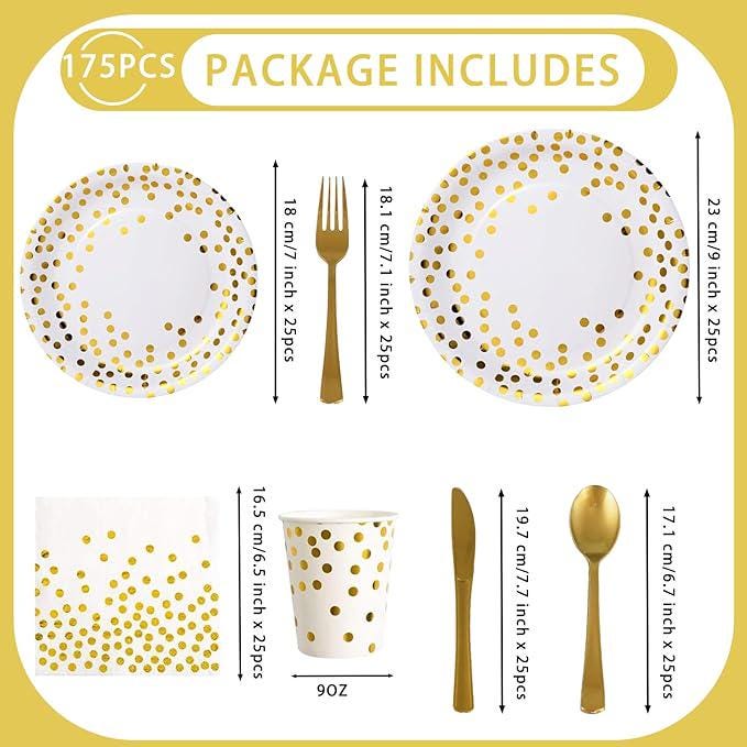 White Gold Paper Plates Set: 175 Pcs Plates, Cups & Napkins for 25 Guests