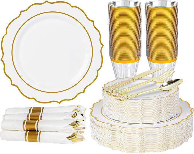 350-Pc White Gold Plastic Dinnerware Set: Plates, Cups, Napkins & Cutlery - 50 Guests