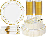 350-Pc White Gold Plastic Dinnerware Set: Plates, Cups, Napkins & Cutlery - 50 Guests