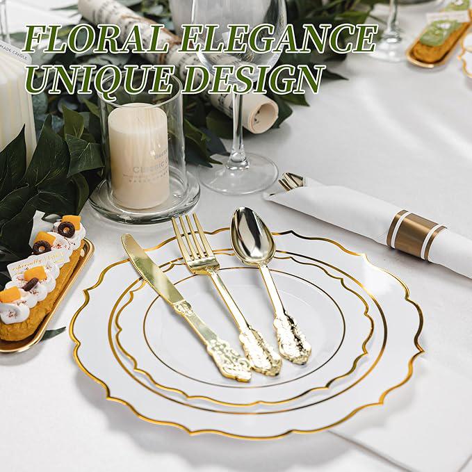 350-Pc White Gold Plastic Dinnerware Set: Plates, Cups, Napkins & Cutlery - 50 Guests