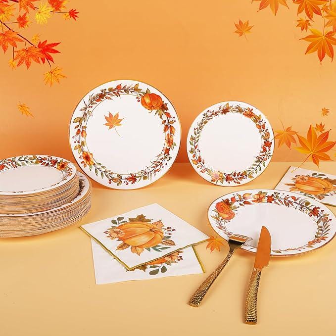 Fall Paper Plates & Napkins Set: 200 Pcs Pumpkin Dinnerware - Serves 50