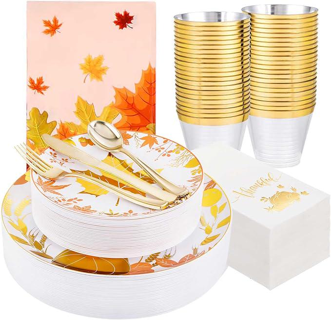 Thanksgiving Disposable  Plates Set: 176 Pcs Gold Silverware, Cups, Napkins & Tablecloth