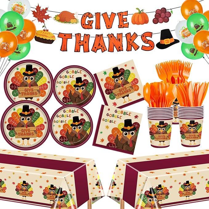 Fall Thanksgiving Party Kit: 185 Pcs Plates, Napkins, Cutlery, Decor - Serves 24