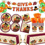 Fall Thanksgiving Party Kit: 185 Pcs Plates, Napkins, Cutlery, Decor - Serves 24