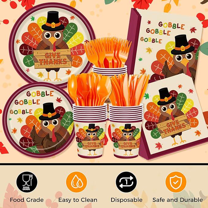 Fall Thanksgiving Party Kit: 185 Pcs Plates, Napkins, Cutlery, Decor - Serves 24