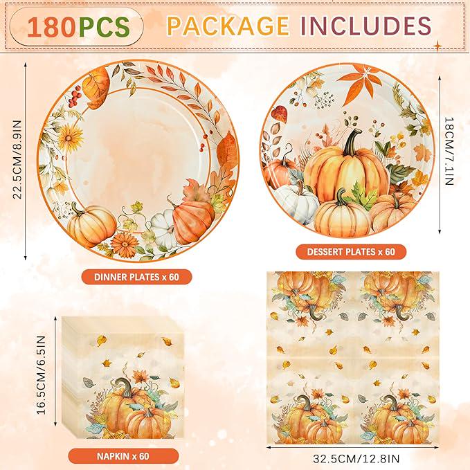 Fall Paper Plates & Napkins Set: 180 Pcs Pumpkin Dinnerware - Serves 60