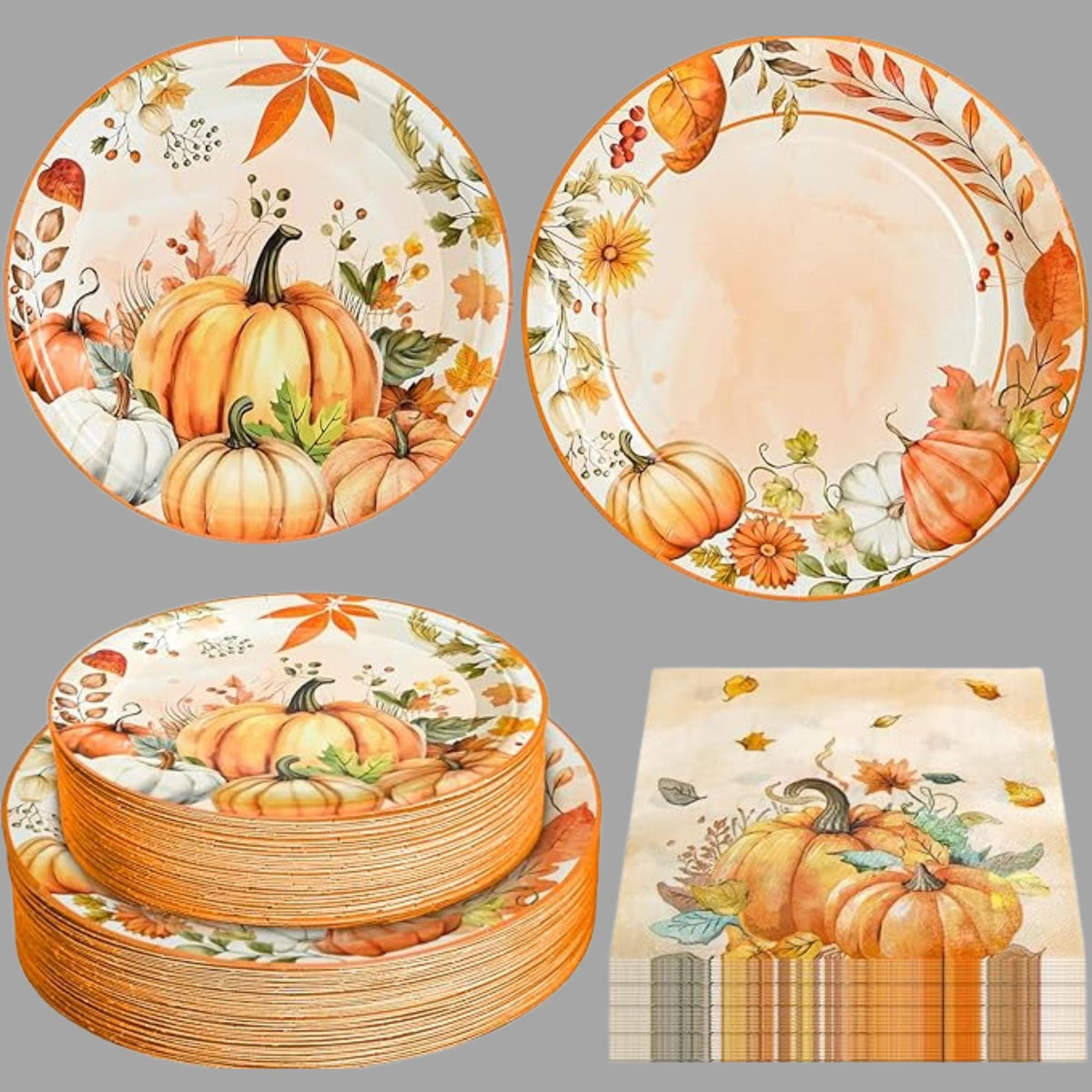 Fall Paper Plates & Napkins Set: 180 Pcs Pumpkin Dinnerware - Serves 60