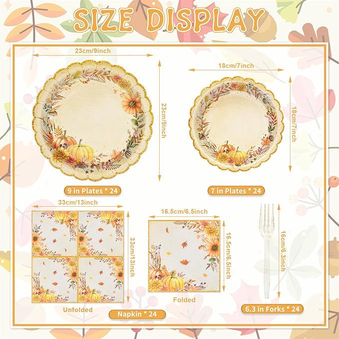 Fall Pumpkin Tableware Set: 96 Pcs Scalloped Plates, Napkins & Forks - Serves 24