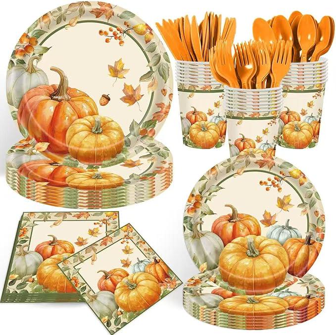 Thanksgiving Party Decorations: 140 Pcs Plates, Napkins & Cutlery - Serves 20