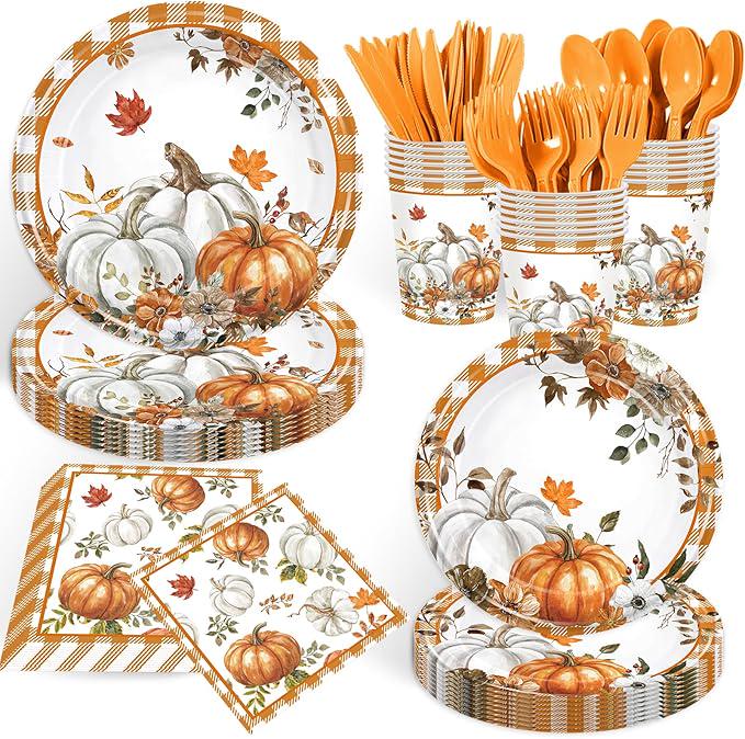 Fall Pumpkin Party Supplies: 68 Pcs Plates, Cups & Napkins for 24 Guests