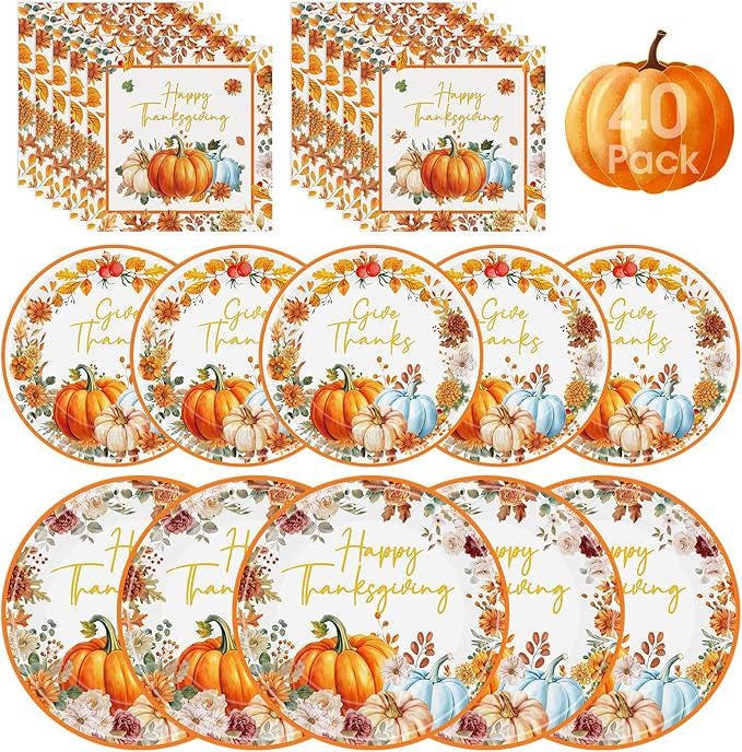 40 Pcs Happy Thanksgiving Plates & Napkins Set: Fall Pumpkin Watercolor Dinnerware