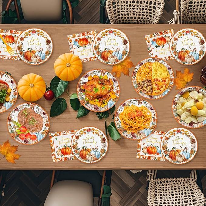 40 Pcs Happy Thanksgiving Plates & Napkins Set: Fall Pumpkin Watercolor Dinnerware