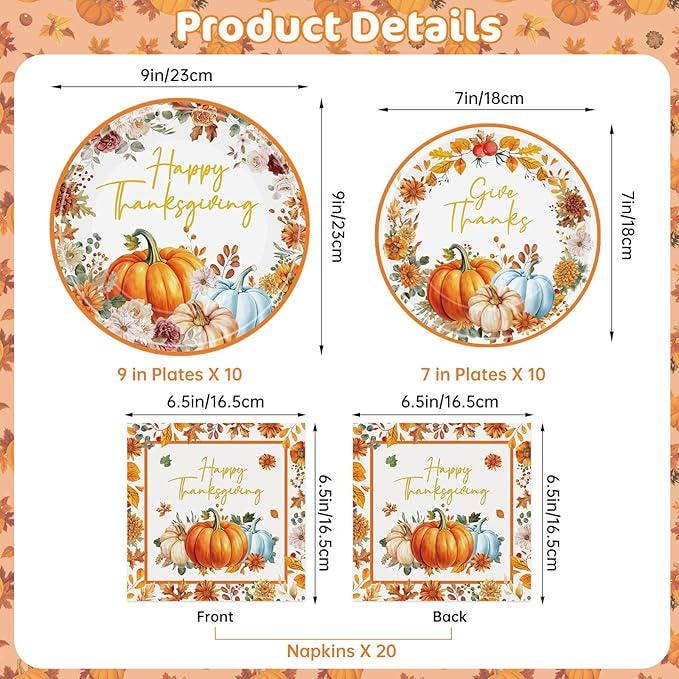 40 Pcs Happy Thanksgiving Plates & Napkins Set: Fall Pumpkin Watercolor Dinnerware