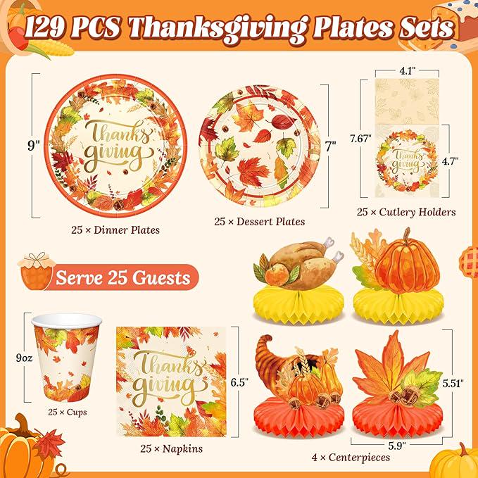 Thanksgiving Plates & Napkins Dinnerware Set: 129 Pcs Plates, Cups and Centerpieces