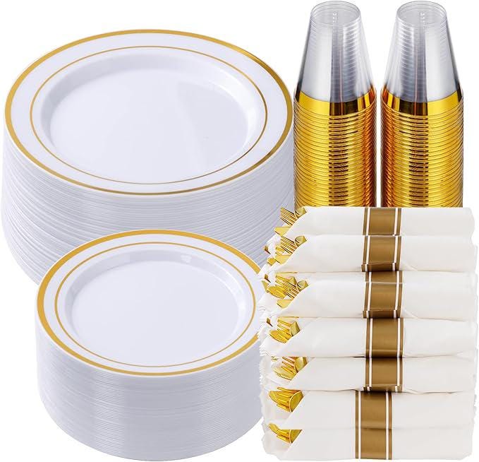 350-Pc Gold Plastic Dinnerware Set: Plates, Napkins, Cutlery & Cups - Serves 50