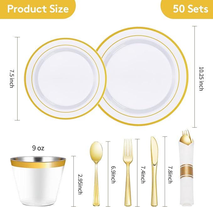 350-Pc Gold Plastic Dinnerware Set: Plates, Napkins, Cutlery & Cups - Serves 50