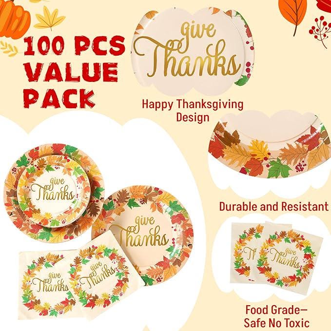 Thanksgiving Plates & Napkins Set: 100 Pcs "Give Thanks" Dinnerware - Serves 25
