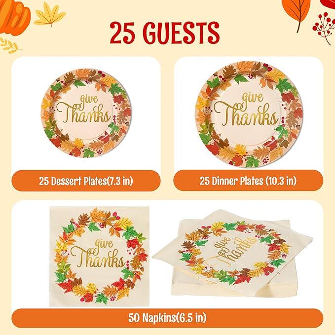 Thanksgiving Plates & Napkins Set: 100 Pcs "Give Thanks" Dinnerware - Serves 25