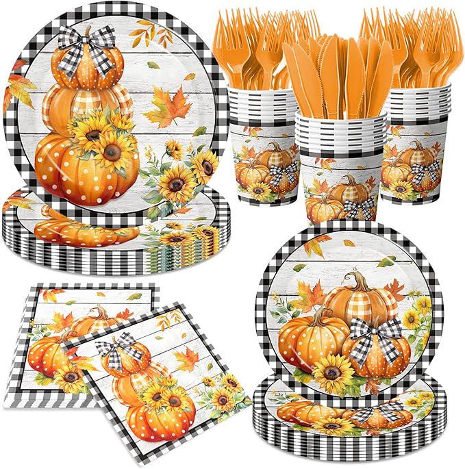 Fall Thanksgiving Tableware Set: 144 Pcs Buffalo Plaid Plates, Napkins & Cutlery