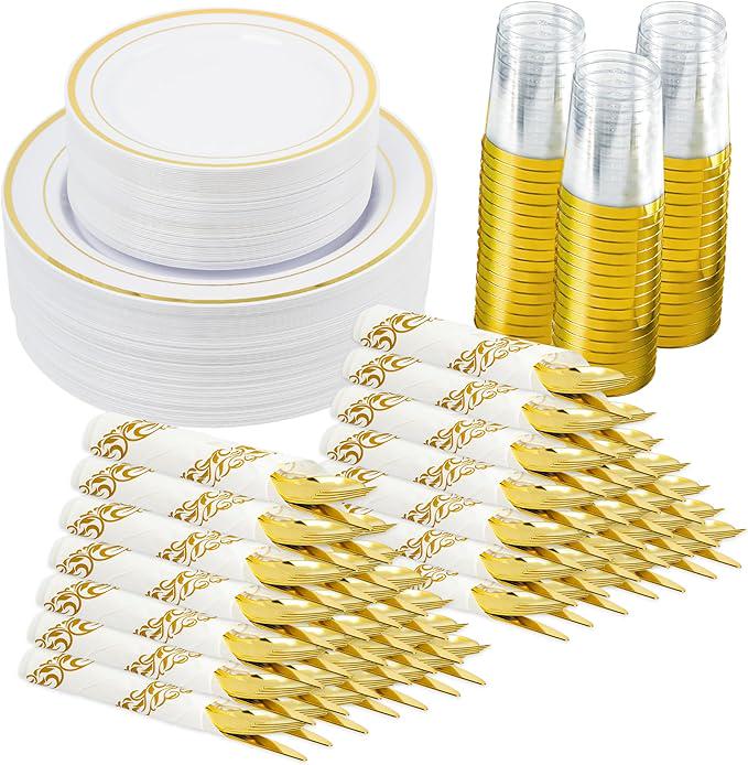 350-Pc Gold Disposable Plates Set: Dinner, Salad Plates, Cups & Napkins - Serves 50