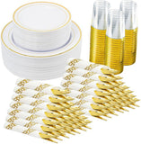 350-Pc Gold Disposable Plates Set: Dinner, Salad Plates, Cups & Napkins - Serves 50