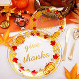 Thanksgiving Plastic Plates: Gold Leaf Pumpkin, Maple Leaf, (60 Pcs)