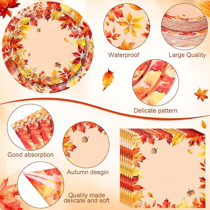 Fall Thanksgiving Tableware Set: 250 Pcs Maple Leaf Plates, Napkins & Cups - Serves 50