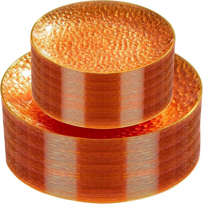 60 Pcs Orange Plastic Plates: Gold Rim Dinner & Dessert Plates for Party/Thanksgiving