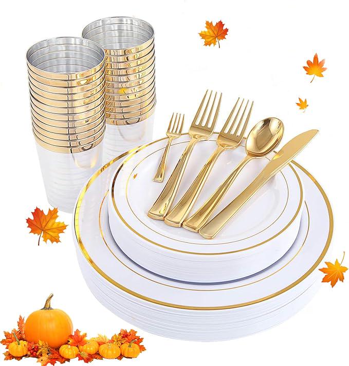 Gold Plastic Plates Set: Heavy Duty Dinnerware, Cutlery & Cups - Serves 25