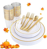 Gold Plastic Plates Set: Heavy Duty Dinnerware, Cutlery & Cups - Serves 25