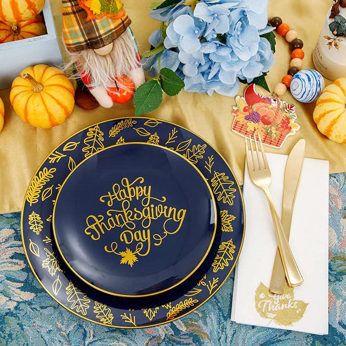 Thanksgiving Plastic Plates Set: 175 Pcs Blue Gold Dinnerware & Cutlery - Serves 25