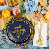 Thanksgiving Plastic Plates Set: 175 Pcs Blue Gold Dinnerware & Cutlery - Serves 25