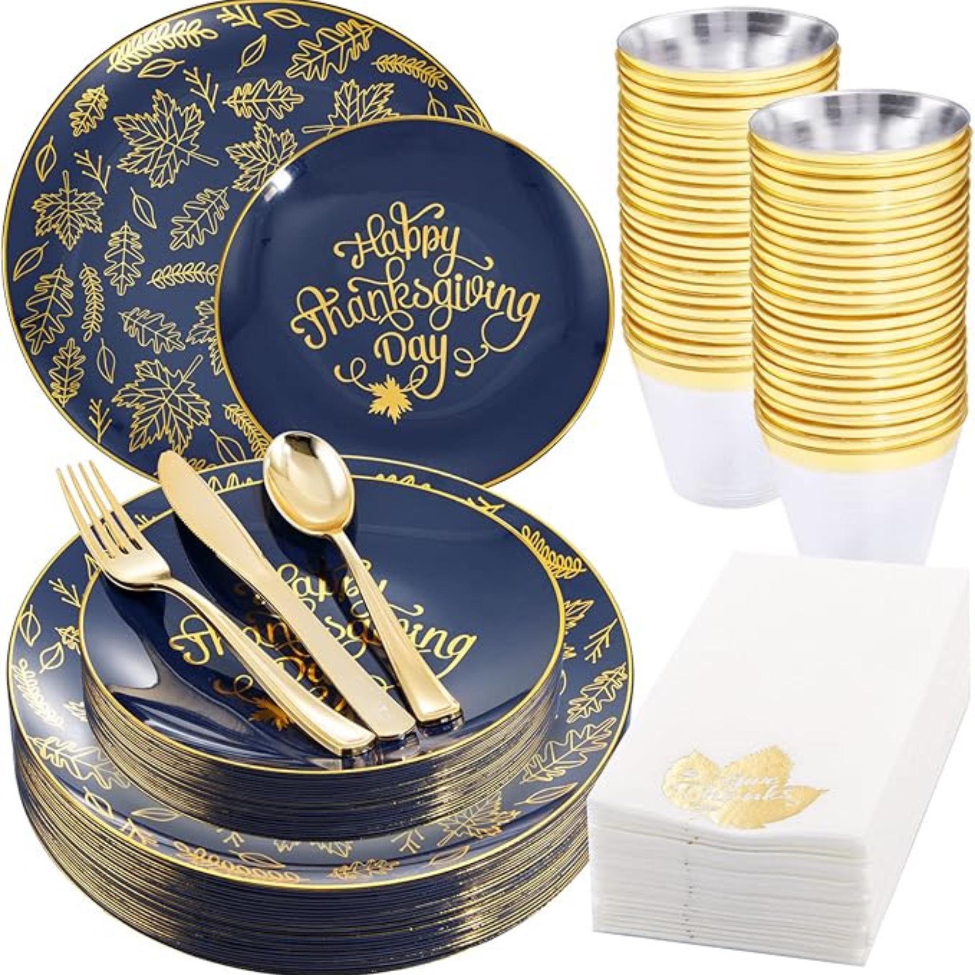 Thanksgiving Plastic Plates Set: 175 Pcs Blue Gold Dinnerware & Cutlery - Serves 25