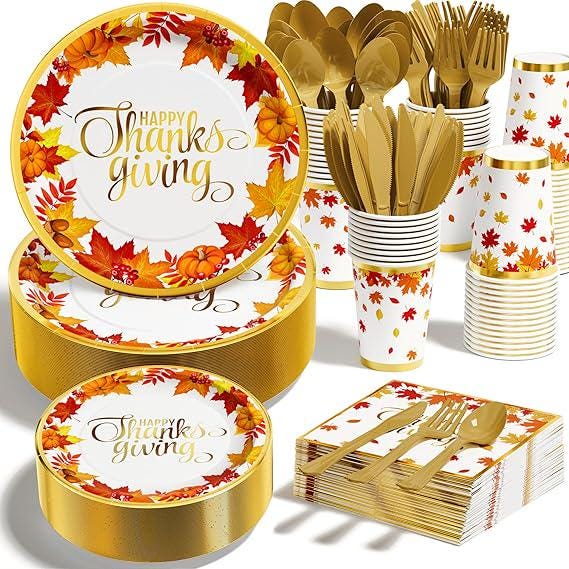 Thanksgiving Fall Dinnerware Set: 350 Pcs Maple Leaves Plates, Cups & Cutlery