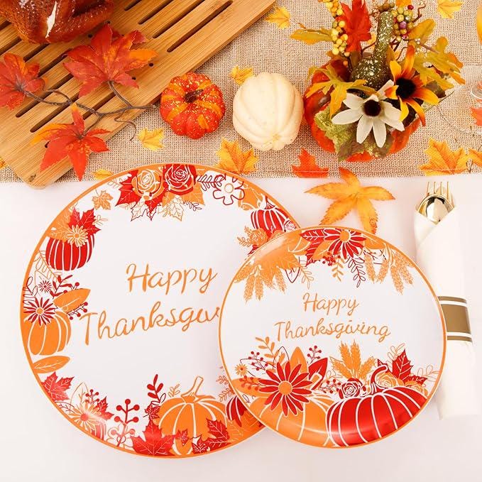 Thanksgiving Plastic Plates Set: 210 Pcs Orange/Red Dinnerware, Cutlery & Cups