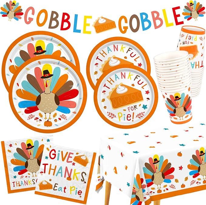 Thanksgiving Turkey Party Supplies Kit with Plates Cups Napkins and Tablecloth for 25
