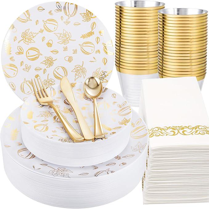 Gold Thanksgiving Plastic Plates Set 175 Pcs Disposable Fall Tableware for 25 Guests