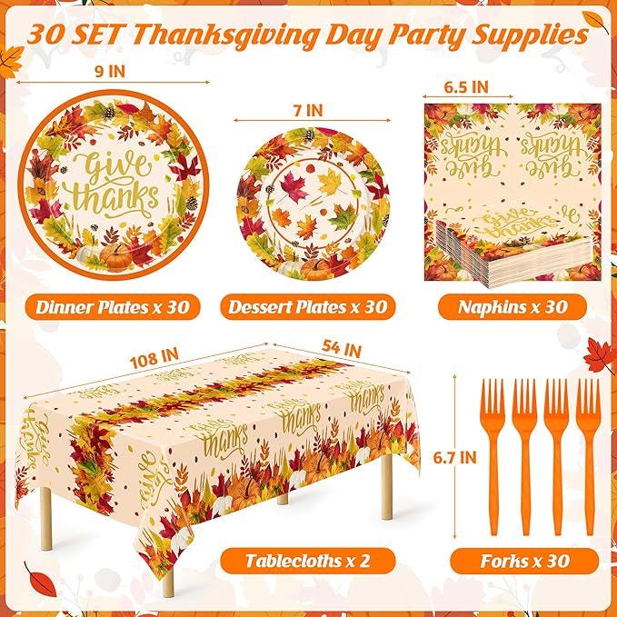 Thanksgiving Dinnerware Set 122 Pcs Disposable Plates Napkins Forks and Tablecloth