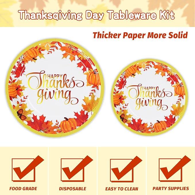 Thanksgiving Disposable Dinnerware Set 350 Pcs with Plates Cups Napkins and Cutlery
