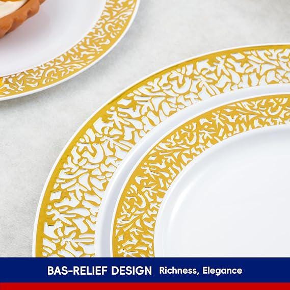 Gold Plastic Dinnerware Set 150 Pcs Elegant Disposable Plates Cups and Cutlery for Party