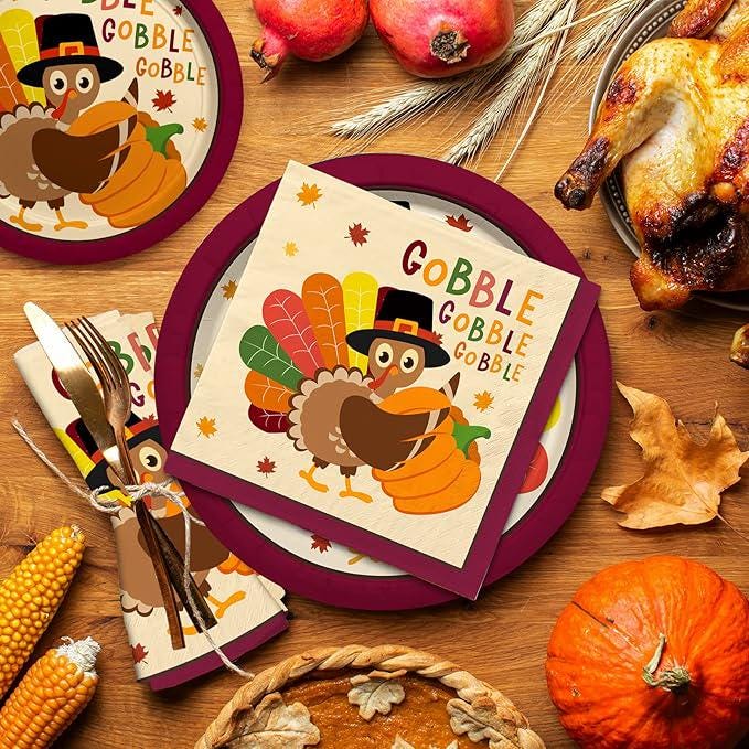 Thanksgiving Turkey Party Supplies Kit Disposable Plates Cups Napkins and Tablecloth 25