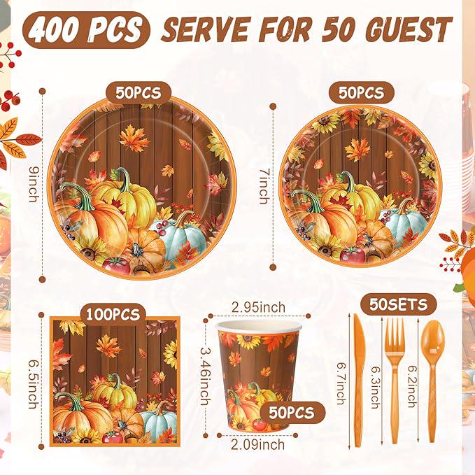 Thanksgiving Fall Plates and Napkins Set 400 Pcs Pumpkin Disposable Tableware for Party