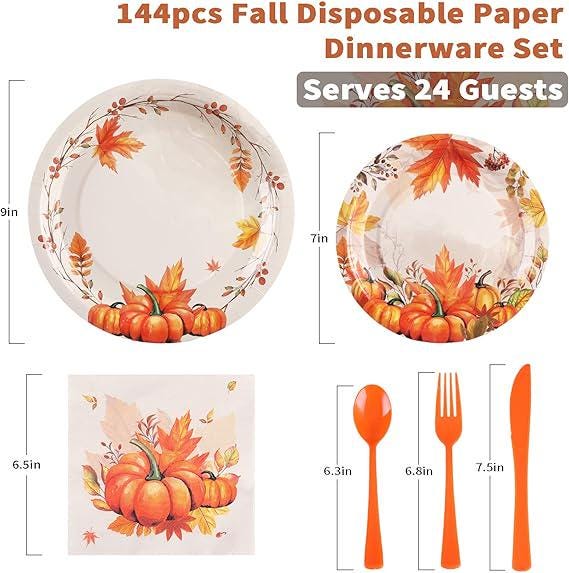 Thanksgiving Plates and Napkins Set Fall Disposable Dinnerware for 24 Guests Party