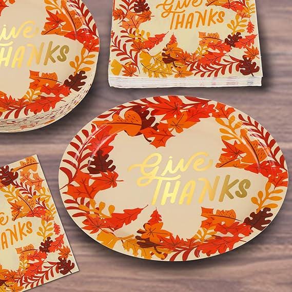 Thanksgiving Paper Plates and Napkins Set 96 Pack Fall Disposable Dinnerware for 24 Guests