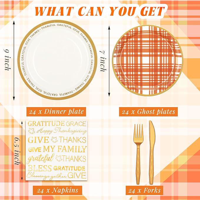 Thanksgiving Party Supplies Set 24 Pack Fall Gingham Disposable Plates Napkins and Cutlery