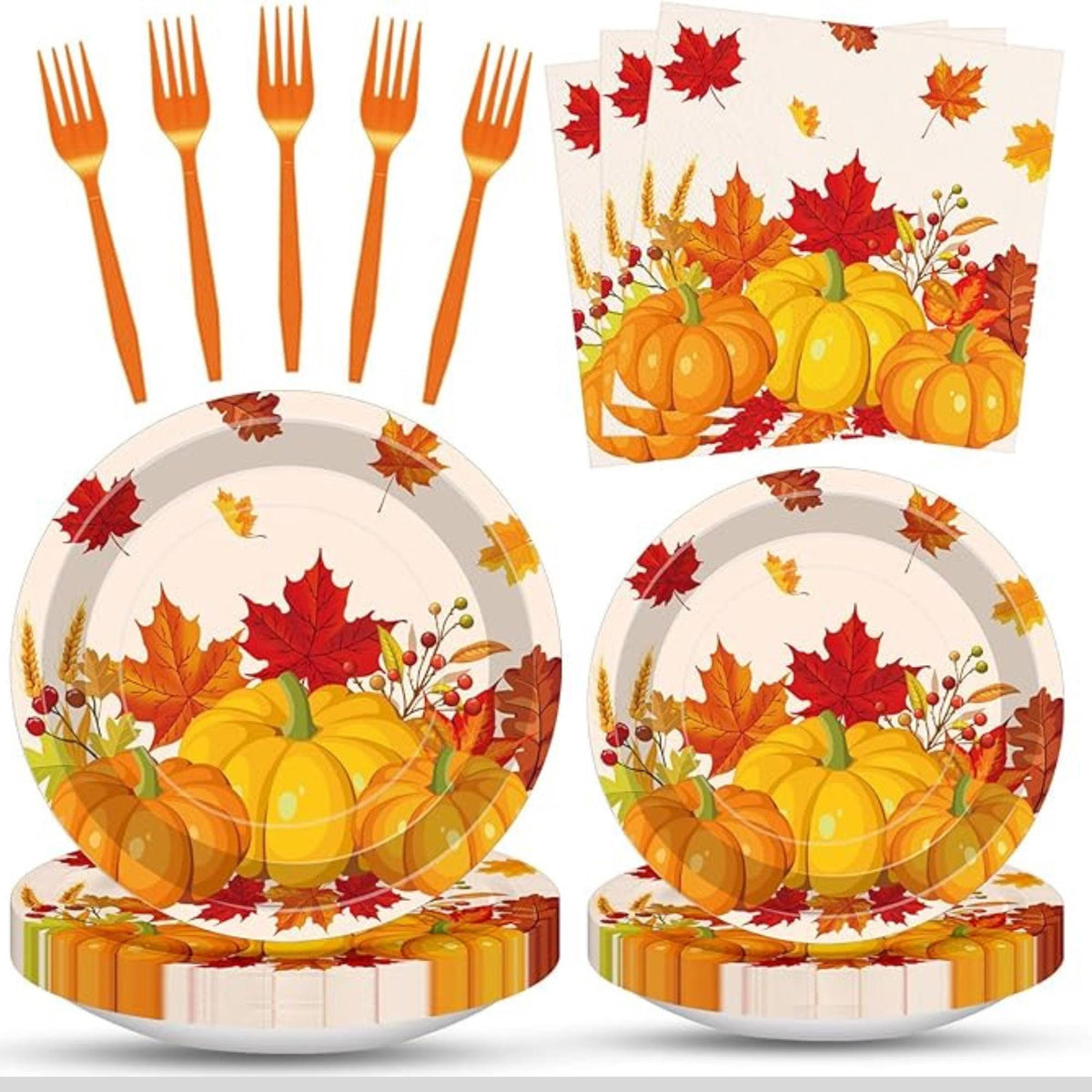 Fall Pumpkin Tableware Set 100 Pcs Thanksgiving Disposable Plates Napkins and Forks for 25