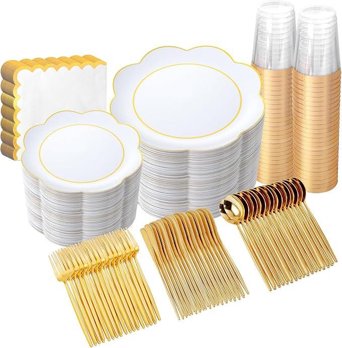 Gold Rim White Plastic Dinnerware Set: 50 Guests Disposable Plates, Cups & Cutlery