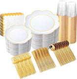 Gold Rim White Plastic Dinnerware Set: 50 Guests Disposable Plates, Cups & Cutlery