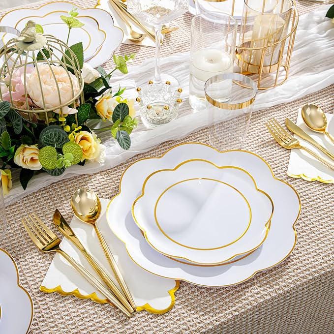 Gold Rim White Plastic Dinnerware Set: 50 Guests Disposable Plates, Cups & Cutlery